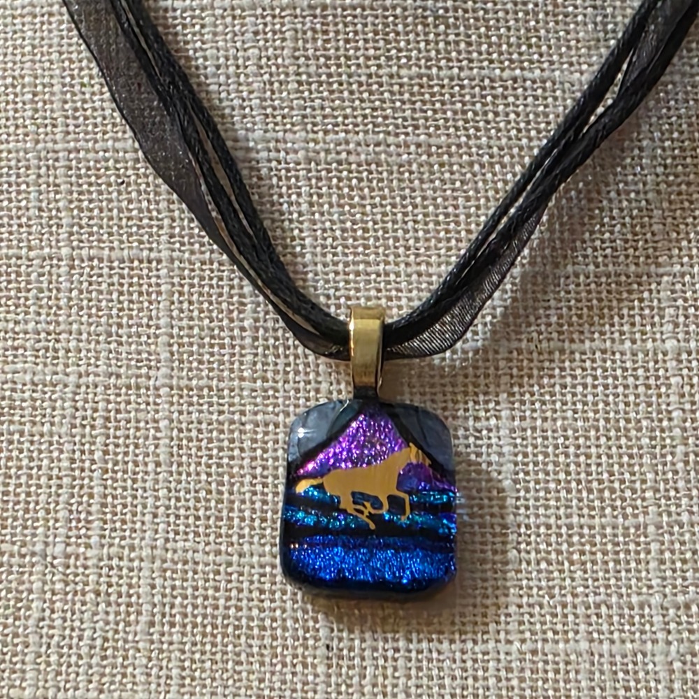 Dichroic Fused Glass Horse Pendantā Necklace Black Ribbon Cord